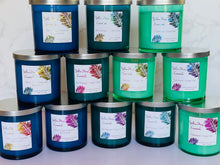 Load image into Gallery viewer, seafoam green glass jar silver metal lid reusable coconut wax candle crackling wood wick lemon lime citrus fresh calamansi green tea
