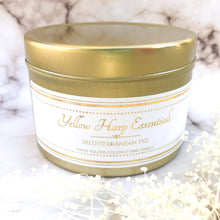 Load image into Gallery viewer, 5.5 ounce reusable gold tin with lid wood tube wick coconut wax Mediterranean fig clean burning eco luxury candle
