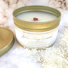 Load image into Gallery viewer, 5.5 ounce reusable gold tin with lid wood tube wick coconut wax Mediterranean fig clean burning eco luxury candle
