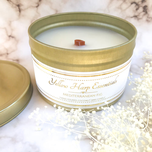5.5 ounce reusable gold tin with lid wood tube wick coconut wax Mediterranean fig clean burning eco luxury candle