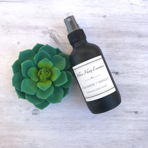 cashmere and vanilla organic room and linen spray matte black fine mist sprayer witch hazel