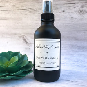 cashmere and vanilla organic room and linen spray matte black fine mist sprayer witch hazel