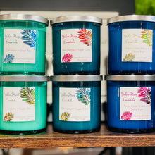 Load image into Gallery viewer, seafoam green glass jar silver metal lid reusable coconut wax candle crackling wood wick lemon lime citrus fresh calamansi green tea

