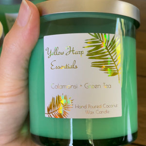 seafoam green glass jar silver metal lid reusable coconut wax candle crackling wood wick lemon lime citrus fresh calamansi green tea