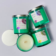 Load image into Gallery viewer, seafoam green glass jar silver metal lid reusable coconut wax candle crackling wood wick lemon lime citrus fresh calamansi green tea
