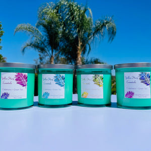 seafoam green glass jar silver metal lid reusable coconut wax candle crackling wood wick lemon lime citrus fresh calamansi green tea