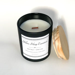 sea salt and orchid scented strong fragrance floral coconut wax crackling wood wick matte black jar wood lid reusable 