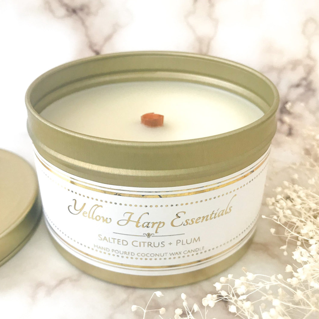 salted citrus and plum fresh fruity sexy masculine ocean airy sea salt woodwick coconut wax gold tin white home decor candle