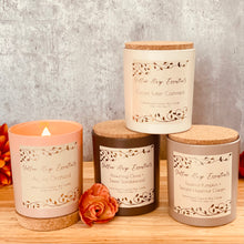 Load image into Gallery viewer, Hand poured coconut wax candle with natural crackling wood wick highly scented long lasting toasted pumpkin and spiced hazelnut cream fragrance taupe colored glass jar cork lid reusable sustainable

