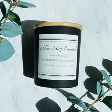 Load image into Gallery viewer, hand poured coconut wax candle crackling wood wick 10 ounces long lasting highly scented peppermint eucalyptus black glass jar wood lid reusable sustainable eco
