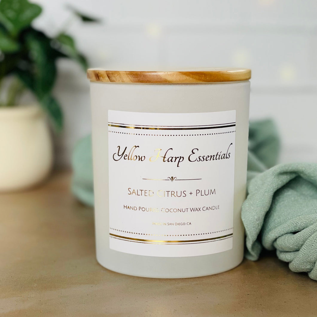 10 ounce White matte reusable jar with wood lid salted citrus plum scented candle coconut wax wooden wick