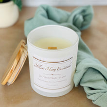 Load image into Gallery viewer, 10 ounce White matte reusable jar with wood lid salted citrus plum scented candle coconut wax wooden wick
