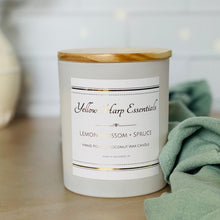 Load image into Gallery viewer, 10 ounce White matte reusable jar with wood lid lemon blossom spruce scented candle coconut wax wooden wick
