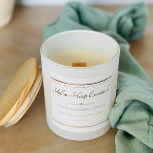 10 ounce White matte reusable jar with wood lid lemon blossom spruce scented candle coconut wax wooden wick