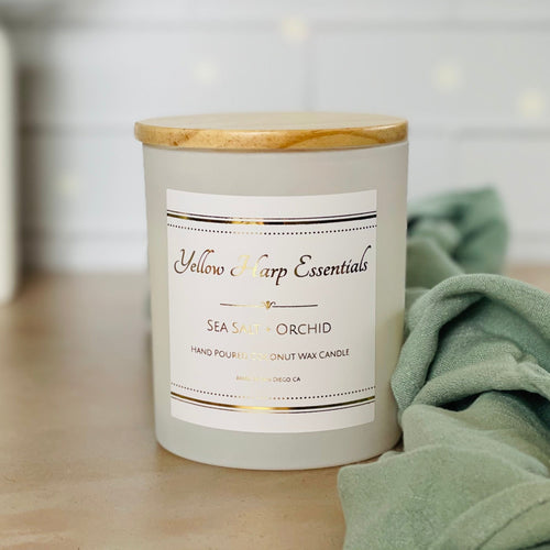 10 ounce White matte reusable jar with wood lid sea salt orchid scented candle coconut wax wooden wick