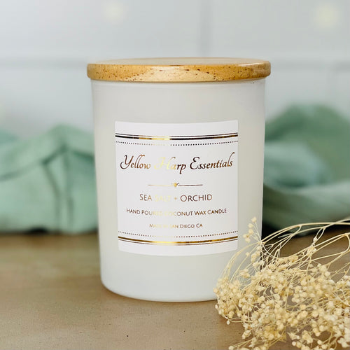 5 ounce White matte reusable jar with wood lid sea salt orchid scented candle coconut wax wooden wick