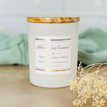 Load image into Gallery viewer, 5 ounce White matte reusable jar with wood lid lemon blossom spruce scented candle coconut wax wooden wick
