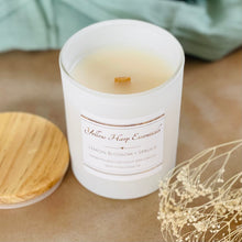 Load image into Gallery viewer, 5 ounce White matte reusable jar with wood lid lemon blossom spruce scented candle coconut wax wooden wick
