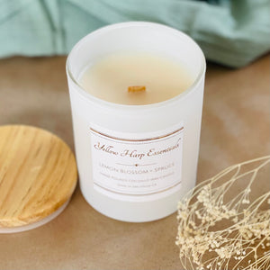 5 ounce White matte reusable jar with wood lid lemon blossom spruce scented candle coconut wax wooden wick