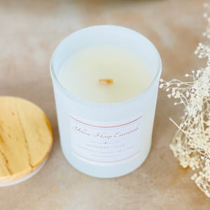 5 ounce White matte reusable jar with wood lid lavender sage scented candle coconut wax wooden wick