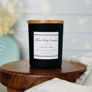 5 ounce black matte reusable jar with wood lid lavender sage scented candle coconut wax wooden wick