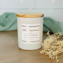 Load image into Gallery viewer, Peppercorn Pomander scented coconut wax candle with crackling wood wick reusable matte white glass jar wood lid

