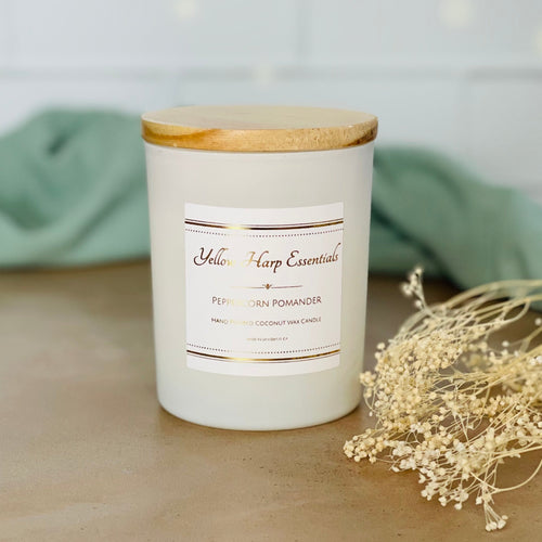 Peppercorn Pomander scented coconut wax candle with crackling wood wick reusable matte white glass jar wood lid
