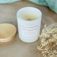 Load image into Gallery viewer, Peppercorn Pomander scented coconut wax candle with crackling wood wick reusable matte white glass jar wood lid
