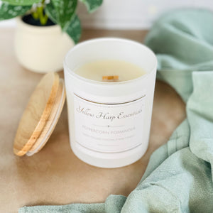 Peppercorn Pomander scented coconut wax candle with crackling wood wick reusable matte white glass jar wood lid