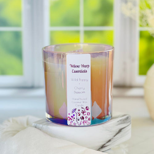 Purple Coconut Wax candle with crackling wood wicks and raw amethyst stones highly scented wild poppy and cherry blossom