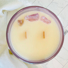 Load image into Gallery viewer, large 14 ounce coconut wax candle with double crackling wood wicks in a glass reusable purple jar raw amethyst stones highly scented white rose and neroli in linen bag
