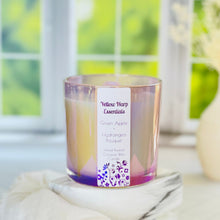 Load image into Gallery viewer, large 14 ounce coconut wax candle with double wood wicks purple glass reusable jar highly scented green apple hydrangea scent with raw amethyst stones
