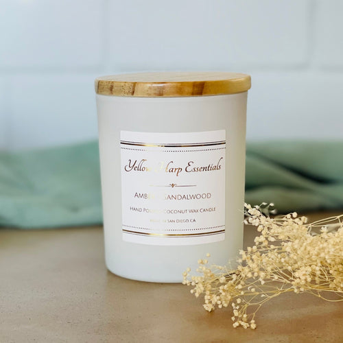 5 ounce white glass jar wood lid coconut wax candle wood wick highly scented amber sandalwood