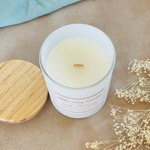 Load image into Gallery viewer, 5 ounce white glass jar wood lid coconut wax candle wood wick highly scented amber sandalwood
