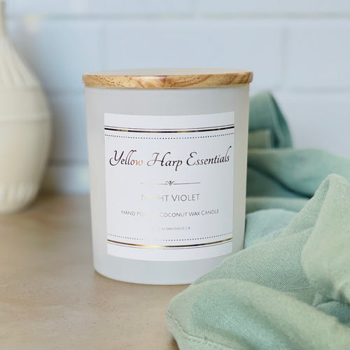 10 ounce white glass jar wood lid coconut wax candle wood wick highly scented night violet