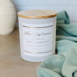 10 ounce white glass jar wood lid coconut wax candle wood wick highly scented amber sandalwood