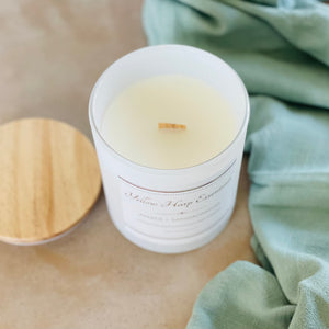 10 ounce white glass jar wood lid coconut wax candle wood wick highly scented amber sandalwood