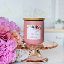 Load image into Gallery viewer, hand poured coconut wax candle with crackling wood wicks ceramic pink jar with bamboo lid and highly scented pink peony scent

