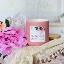 Load image into Gallery viewer, hand poured coconut wax candle with crackling wood wicks ceramic pink jar with bamboo lid and highly scented pink peony scent
