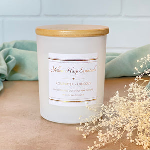 highly scented coconut wax candle crackling wood wick rosewater hibiscus white glass jar wood lid reusable hand poured