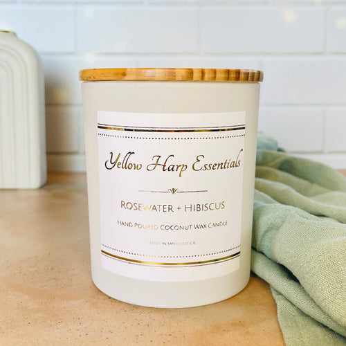 highly scented coconut wax candle crackling wood wick rosewater hibiscus white glass jar wood lid reusable hand poured