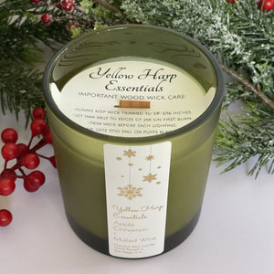 hand poured coconut wax candle crackling wood wick green jar dust cover reusable sustainable apple cinnamon mulled wine scent